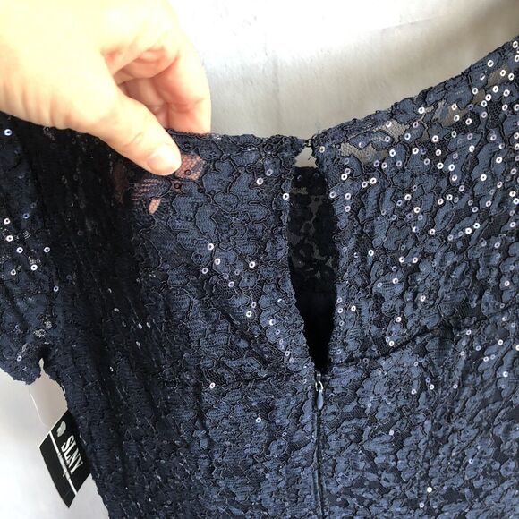 NWT SLNY Semi-Formal Navy Fluted Skirt, Short Sleeve, Midi Sequins Gown Size 6 - Picture 4 of 10